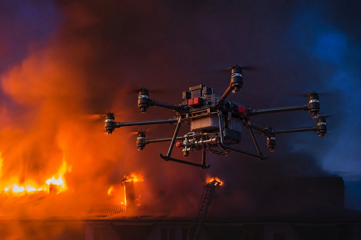 Hexacoptère largueur d'eau en intervention au-dessus d'un bâtiment en feu, de nuit