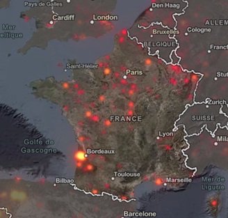 Carte des points chauds et départs de feu détectés sur la France et l'Europe de l'Ouest