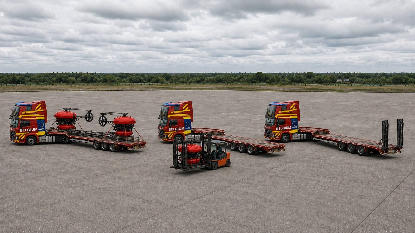 Flotte de trois semi-remorques rescEU Belgium avec chariot élévateur chargeant les hélidrones
