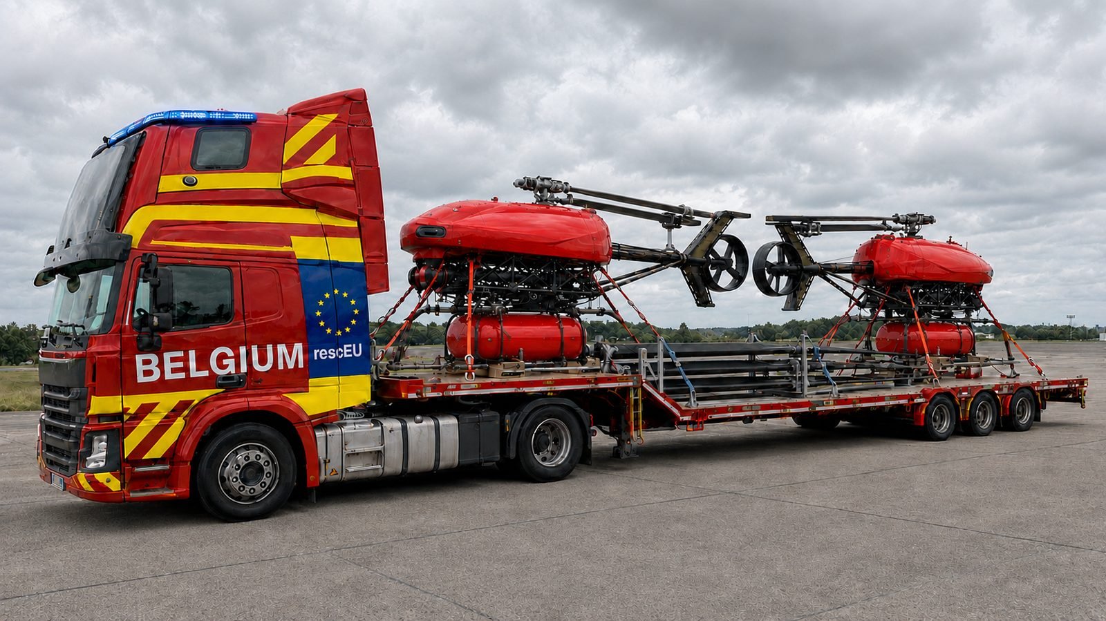 Semi-remorque rescEU Belgium transportant deux hélidrones Hummingfire