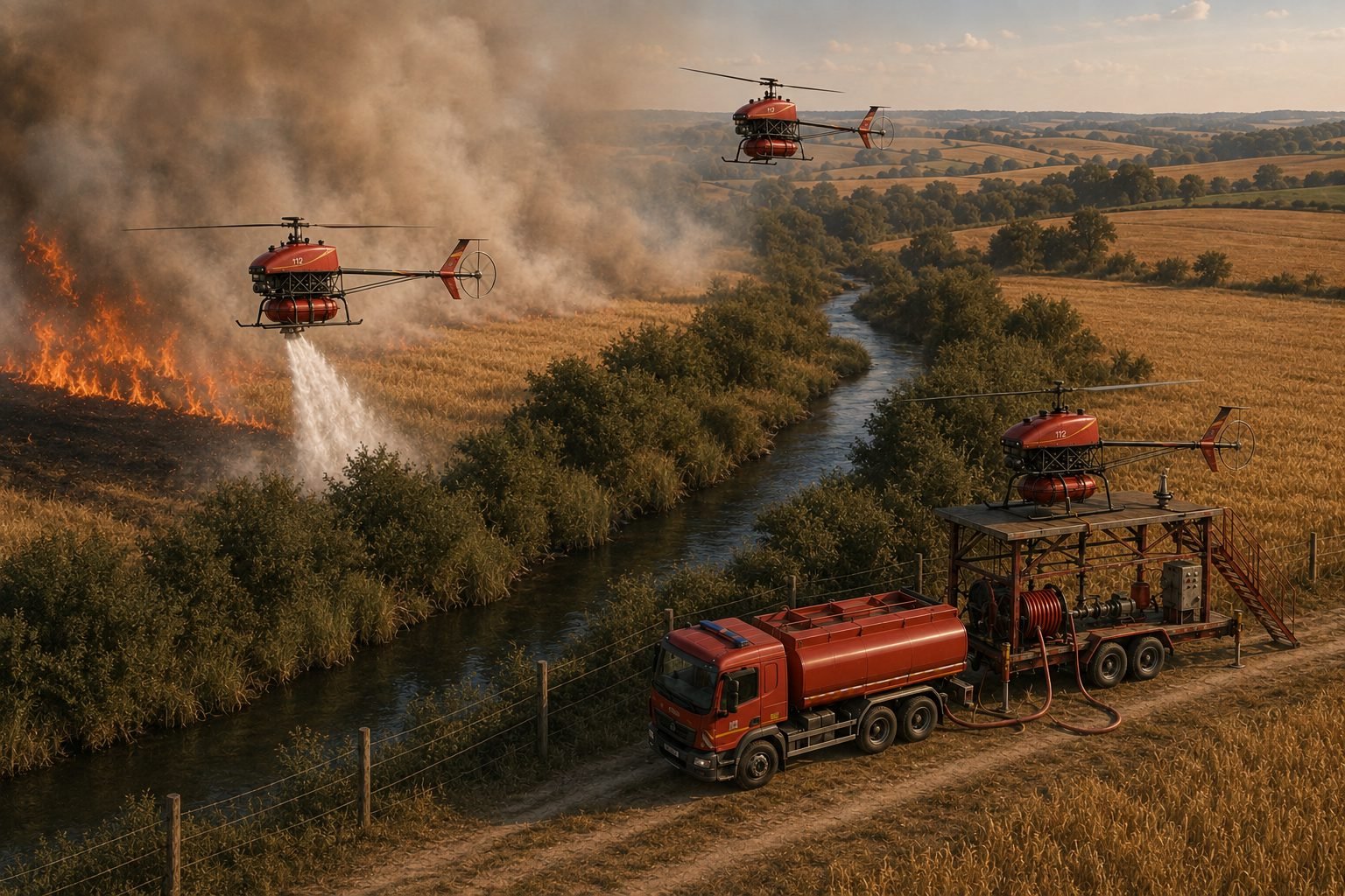 Noria de drones puisant l'eau à la rivière pour attaquer un feu de champ, ravitaillés depuis un convoi mobile